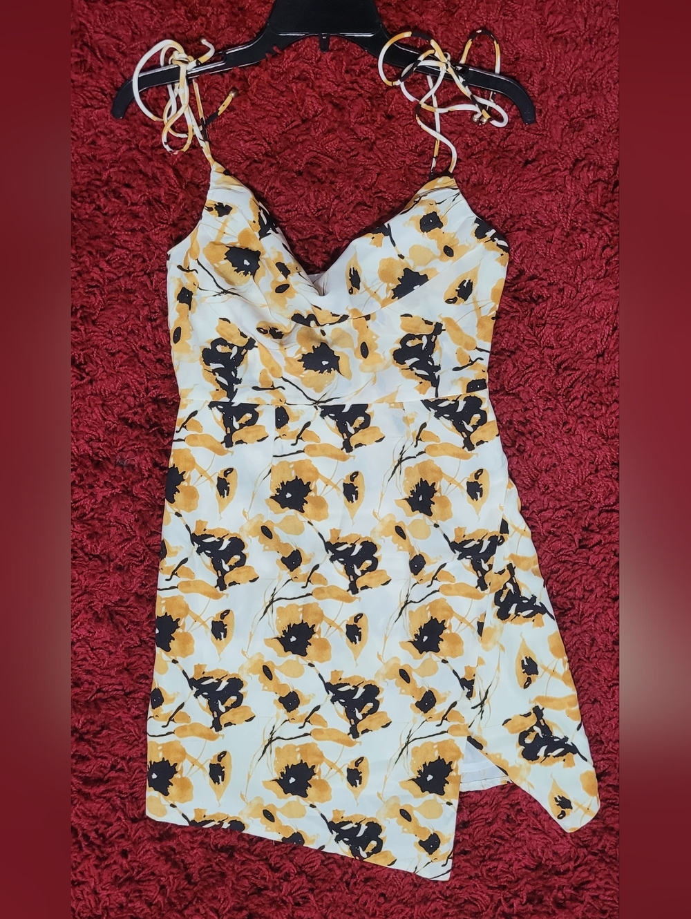 Here Comes The Sun Small Sleeveless Floral Cowl Neck Dress in Mustard & Black